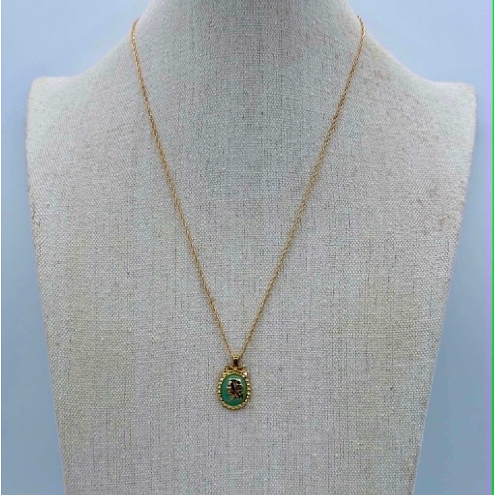 Vintage MS CO 14K Gold Filled Sage Green Cameo Bow Pendant Necklace 20"